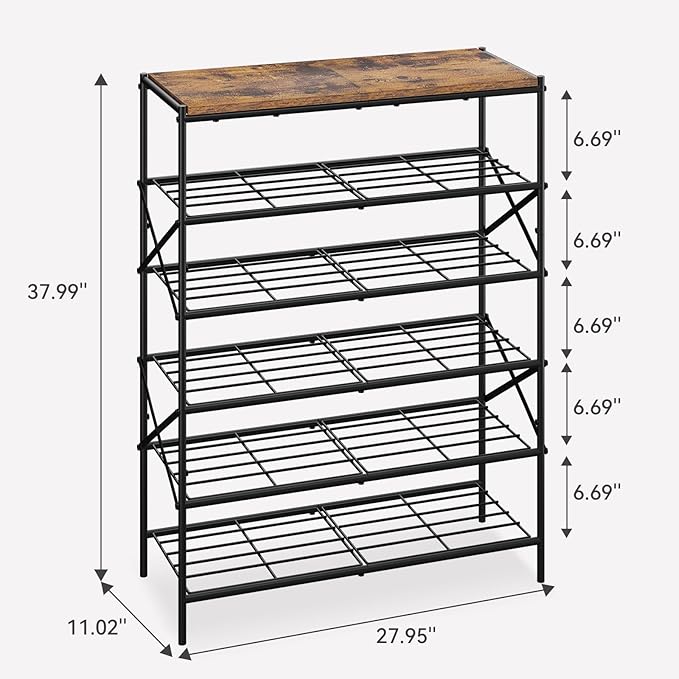 IBUYKE 6 Tier Shoe Rack, Large Capacity Shoe Storage Organizer for 24 Pairs of Shoes, Metal Shoe Storage Rack with Shelf for Entryway Hallway Closet Garage, Rustic Brown and Black TXJ016H