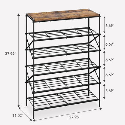 IBUYKE 6 Tier Shoe Rack, Large Capacity Shoe Storage Organizer for 24 Pairs of Shoes, Metal Shoe Storage Rack with Shelf for Entryway Hallway Closet Garage, Rustic Brown and Black TXJ016H