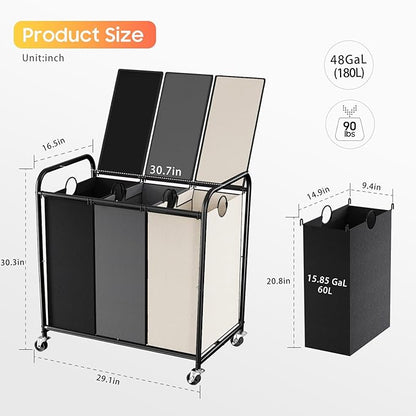 180L (47.55 Gal) Laundry Sorter 3 Section, Rolling Laundry Basket with Lockable Wheels and Lid, Laundry Hamper with 3 Separated Removable Bags Dirty Clothes Hamper for Laundry Room, Multicolored