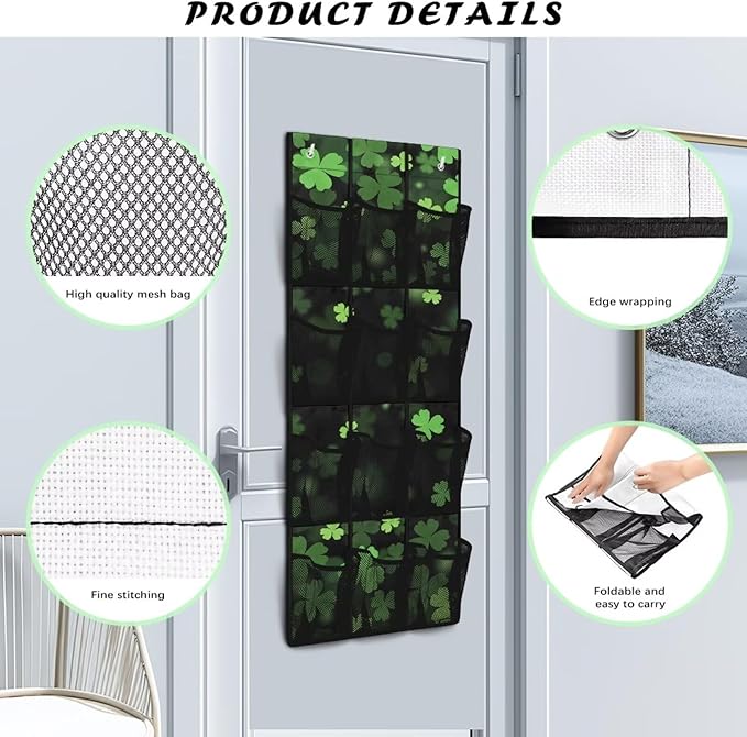 Multi-Functional Over the Door Organizer with 12 Mesh Pockets, Storage Hanging Bag Behind the Door for Shoes Accessories Cleaning Supplies for Home Office Use, Lucky Leaf