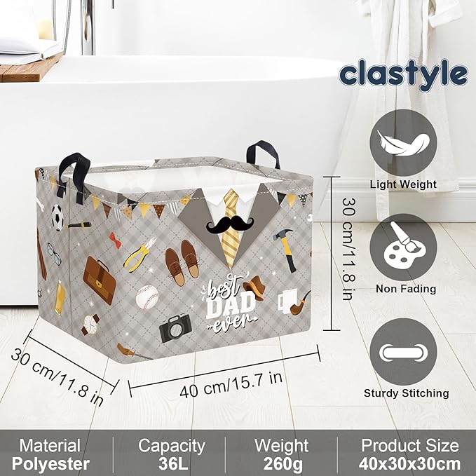 Clastyle Father’s Day Laundry Hamper Storage Basket Dad Gift Box Collapsible Large Clothes Organizer Bin for Bedroom, Grey, 40*30*30 cm