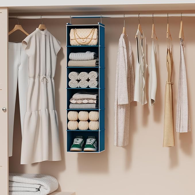 MAX Houser 6-Shelf Hanging Closet Organizer, Hanging Storage Shelves with 2 Sturdy Hooks Space-Saving for Bedroom, Foldable (Blue)