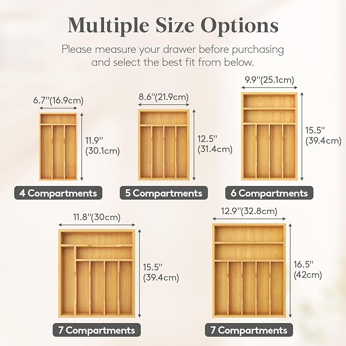 Lifewit Silverware Drawer Organizer, Utensil Tray for Kitchen, Flatware and Cutlery Holder, Storage for Spoons Forks Knives, 8.6 x 12.5", Natural