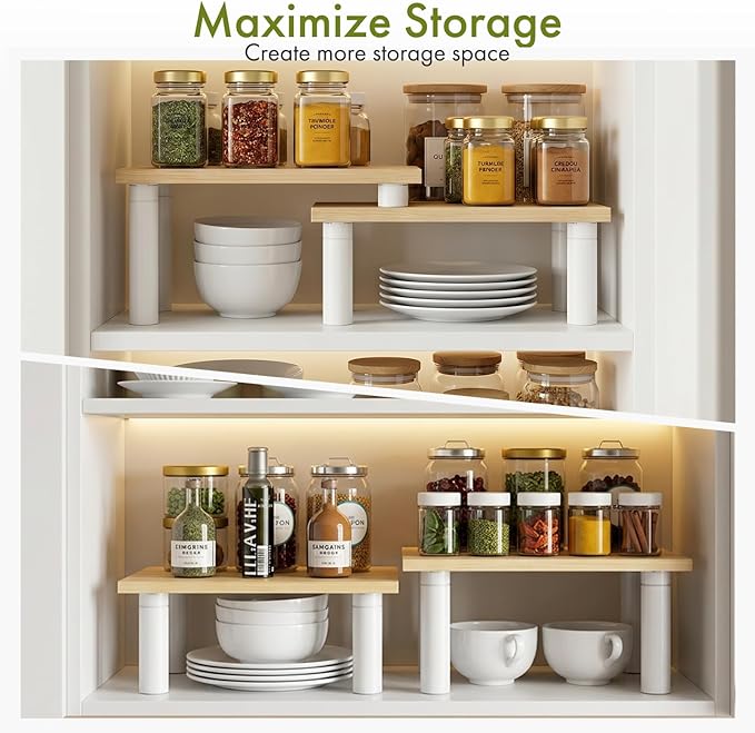 Cabinet Organizer Shelf, 2 Tier Countertop Spice Rack for Kitchen Counter, Seasoning Organizer with Wood-Grain Shelves, Kitchen Countertop Organizer for Spices, Sauces and Small Items (4 Pcs, Light)