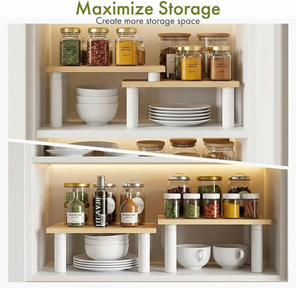 Cabinet Organizer Shelf, 2 Tier Countertop Spice Rack for Kitchen Counter, Seasoning Organizer with Wood-Grain Shelves, Kitchen Countertop Organizer for Spices, Sauces and Small Items (4 Pcs, Light)