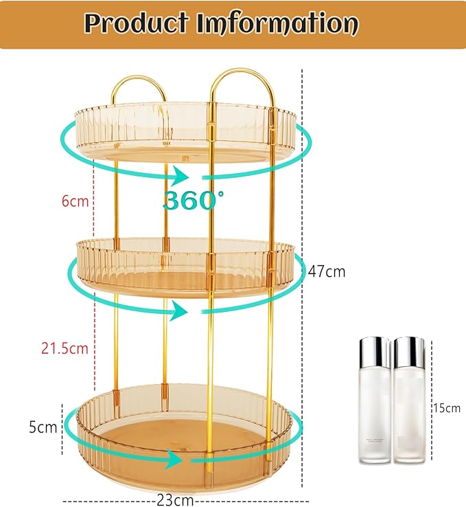 Skincare Organizers 360 Rotating, 3 Tier Round Makeup Organizer Countertop,Holder Rack Large Spinning Cosmetics Display Cases, Perfume Beauty Storage for Vanity, Countertop, Bathroom (Gold-3 Tier)