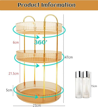 Skincare Organizers 360 Rotating, 3 Tier Round Makeup Organizer Countertop,Holder Rack Large Spinning Cosmetics Display Cases, Perfume Beauty Storage for Vanity, Countertop, Bathroom (Gold-3 Tier)
