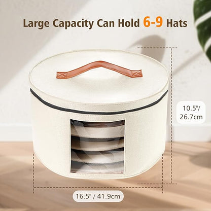 HEAVYWOOD Hat Box for Women Storage Travel Felt Hat Case for Wide-Brim Cowboy Hat Storage Foldable Organizer for Closet Large Round Hat Carrier with Portable Handle (White)