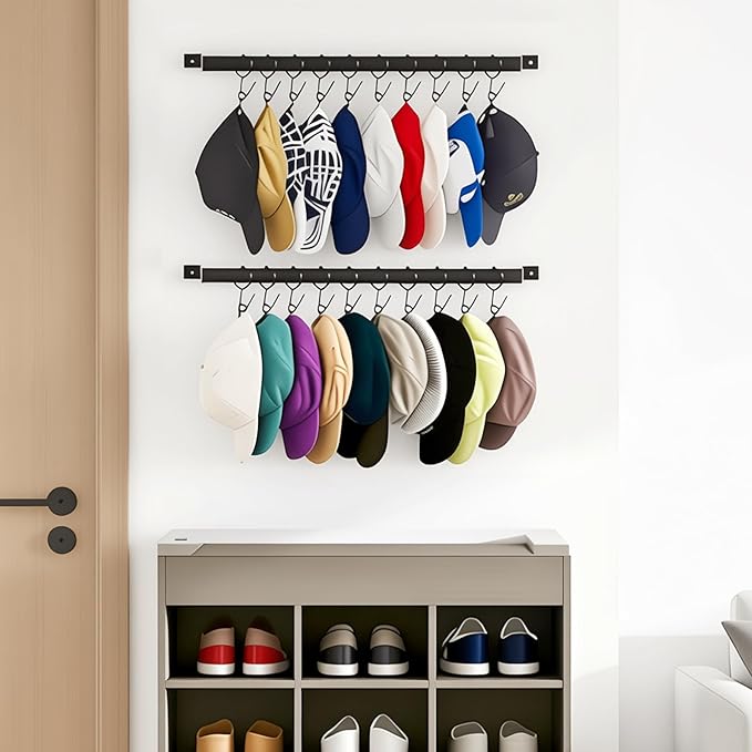Hat Rack for Wall Baseball Cap Set of 2, Metal Hat Hanger with Steel Clips, Wall Mount Cowboy Hat Storage Display Sock Scarf Organizer for Door Closet Entryway Bedroom