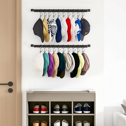 Hat Rack for Wall Baseball Cap Set of 2, Metal Hat Hanger with Steel Clips, Wall Mount Cowboy Hat Storage Display Sock Scarf Organizer for Door Closet Entryway Bedroom