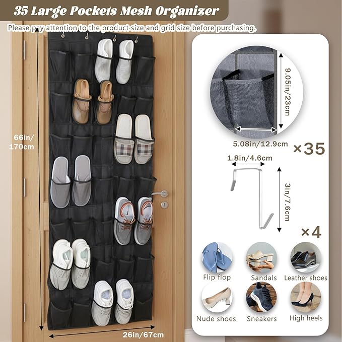 2 PCS 35 Pocket Over the Door Shoe Organizer, Large Capacity Closet Storage for Men and Women, Reusable Breathable Large Mesh Bag Hanging Shoe Rack Organizer for Entryway Closet Bedroom