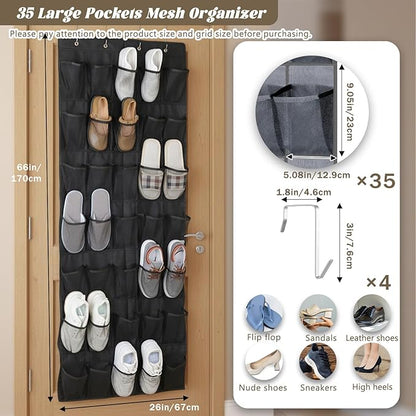 2 PCS 35 Pocket Over the Door Shoe Organizer, Large Capacity Closet Storage for Men and Women, Reusable Breathable Large Mesh Bag Hanging Shoe Rack Organizer for Entryway Closet Bedroom