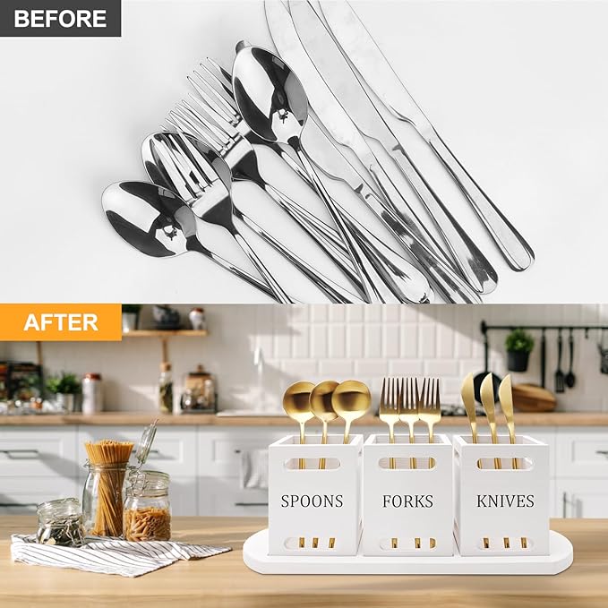 Ayiaren Wooden Flatware Silverware Caddy for Party White Cutlery Holder Small Utensil Holders for Kitchen Counter Wood Silverware Organizer Countertop Knife Fork and Spoon Holder Table Utensil Caddy
