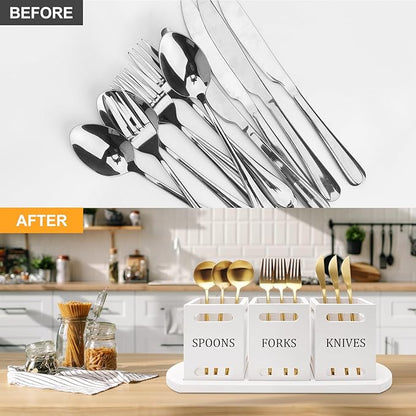 Ayiaren Wooden Flatware Silverware Caddy for Party White Cutlery Holder Small Utensil Holders for Kitchen Counter Wood Silverware Organizer Countertop Knife Fork and Spoon Holder Table Utensil Caddy