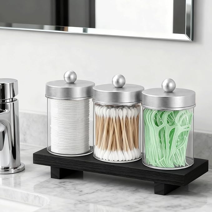3 Pcs Qtip Holder,Clear Apothecary Jars with Wooden Tray for Cotton Balls,Swabs,Farmhouse Decor Bathroom Vanity Organizers Accessories for Makeup Brushes,Lipstick Storage (Silver)