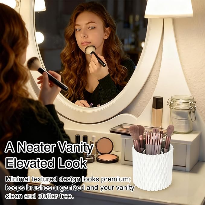 360° Rotating Makeup Brush Holder Organizer – Large Capacity 5-Compartment Cosmetic Storage for Vanity, Dresser & Bathroom (White)