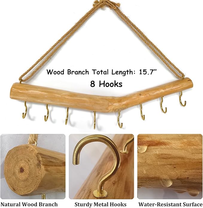 15.7-Inch Rustic Wood Wall Hanging Jewelry Organizer Handmade Natural Wood Logs Branch Decor (Branch with 8 Metal Hooks)