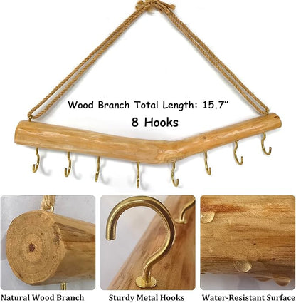 15.7-Inch Rustic Wood Wall Hanging Jewelry Organizer Handmade Natural Wood Logs Branch Decor (Branch with 8 Metal Hooks)