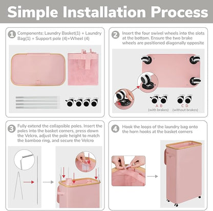 Goodpick Slim Laundry Basket with Wheels and Lid, 75L Tall Laundry Hamper with Bamboo Frame Removable Bag, Collapsible Clothes Hamper for Dorm Home Decor, Pink, 17" x 9.8" x 29.5"