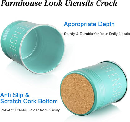 Bivvclaz Teal Kitchen Utensil Holder, 6.7" Utensil Holder for Kitchen Counter, Cooking Utensil Crock with Cork Bottom, Turquoise Decor and Accessories, Countertop Utensil Storage Caddy Organizer