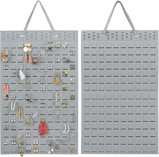 Resovo Hanging Earrings Organizer, Wall Earring Holder with 2 Hooks, Holds Up To 300 Pairs, Compact Design, Soft Material-Silber Grey