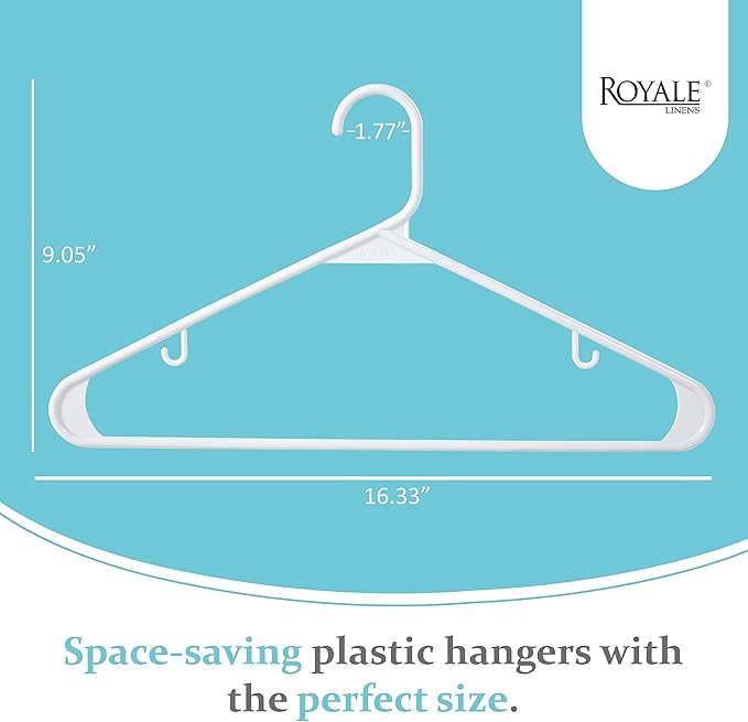 Royale Linens Plastic Hangers 40 Pack - White Clothes Hanger with Hooks – Heavy Duty Space Saving Coat Hangers Ideal for Everyday Use for Tops, Skirt, Dress, Shirts, Pants
