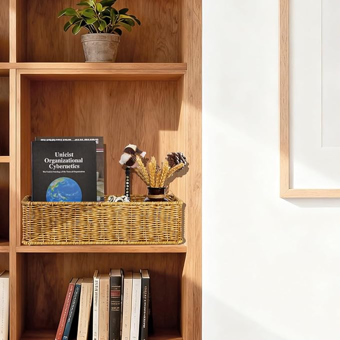 Toilet Paper Storage Basket, Small Wicker Shelf Basket Rectangle Pantry Baskets for Storage Organizer, Cute Baskets for Bathroom Bedroom Kitchen Shelves Decor (Beige)