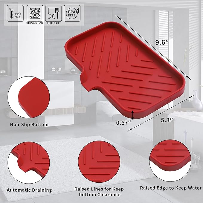 MicoYang Silicone Bathroom Soap Dishes with Drain Spout-Bathroom and Kitchen Sink Organizer,Sponge Holder,Dish Soap Tray,Perfect for Dispenser,Scrubber,Bottle,Cup on Sink or Counter-Red 9.6"×5.3"