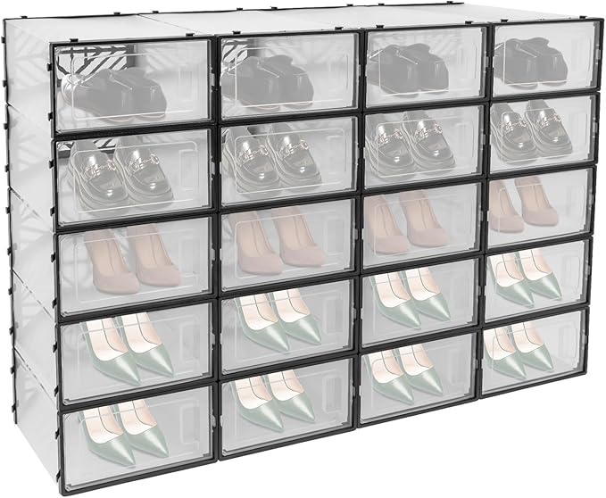 20 Pack Shoe Storage Boxes, Plastic Stackable Foldable Shoe Boxes with Clear Front Opening Door for Sneakers Flats Slippers Sandals Casual Shoes, Space Saving, 13.58*9.06*5.51in (Black)