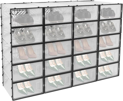 20 Pack Shoe Storage Boxes, Plastic Stackable Foldable Shoe Boxes with Clear Front Opening Door for Sneakers Flats Slippers Sandals Casual Shoes, Space Saving, 13.58*9.06*5.51in (Black)