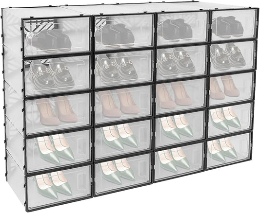 20 Pack Shoe Storage Boxes, Plastic Stackable Foldable Shoe Boxes with Clear Front Opening Door for Sneakers Flats Slippers Sandals Casual Shoes, Space Saving, 13.58*9.06*5.51in (Black)