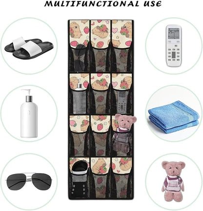Cute Capibala Over The Door Shoe Organizer 12 Pockets Wall Hanging Storage for Living Room Strawberry Door Hanger Organizer Mesh Fabric Flower Shoe Holder Hanger for Kindergarten