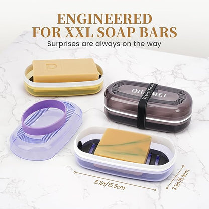 Shampoo Bar Holder and Soap Case, Leakproof Travel Container with Lid & Drain Tray, Includes Silicone Strap and Soap Bag, Compatible with Kitsch Solid Shampoo & Conditioner Bars(Lemon Yellow, Large)