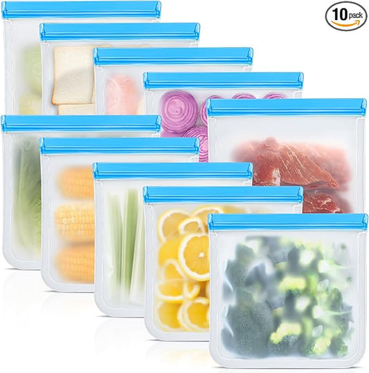 10 Pack Reusable Storage Bags, Dishwasher Safe Reusable Silicone Leak proof Freezer Bag for Food Storage Containers, Lunch, Sandwich, Marinate Meat, Salad Fruit 11'' x 10.6''