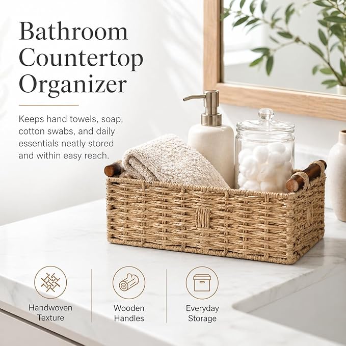 Woven Bathroom Basket with Wood Handles — Toilet Paper Storage Organizer, Back of Toilet Basket, Natural Wicker Basket for Tank Top, Countertop or Shelf