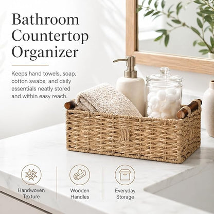 Woven Bathroom Basket with Wood Handles — Toilet Paper Storage Organizer, Back of Toilet Basket, Natural Wicker Basket for Tank Top, Countertop or Shelf