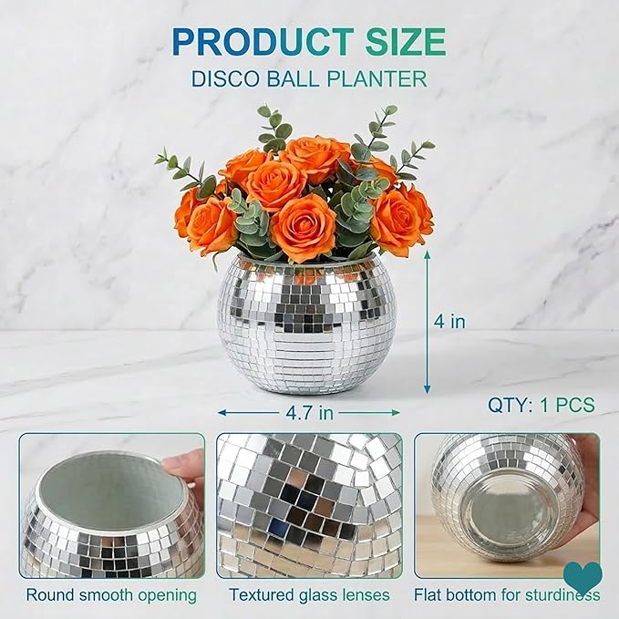 Glass Disco Ball Pen Holder with Smooth Grouting - Premium Mirror Mosaic Pencil Cup for Desk, Cute Makeup Brush Holder, Aesthetic Room Decor Gift (silver)
