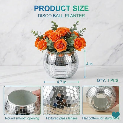 Glass Disco Ball Pen Holder with Smooth Grouting - Premium Mirror Mosaic Pencil Cup for Desk, Cute Makeup Brush Holder, Aesthetic Room Decor Gift (silver)