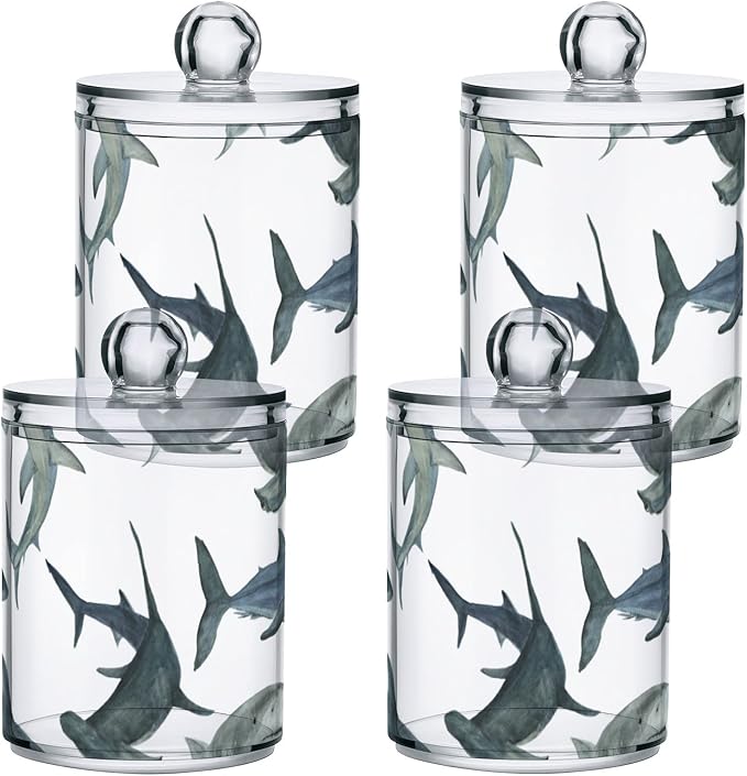 2 Pack Watercolor Sharks Apothecary Jars with Lid, Qtip Holder Storage Jars for Cotton Ball, Cotton Swab, Cotton Round Pads, Clear Plastic Canisters for Bathroom Vanity Organization (10 Oz)