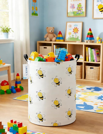 Cute Bee Laundry Basket, Collapsible Laundry Hamper for Girls, Sweet Honey Bee Round Storage Bin, Waterproof Toy Storage for Kids Room, Nursery, Playroom, New Parent Gift (Bee)