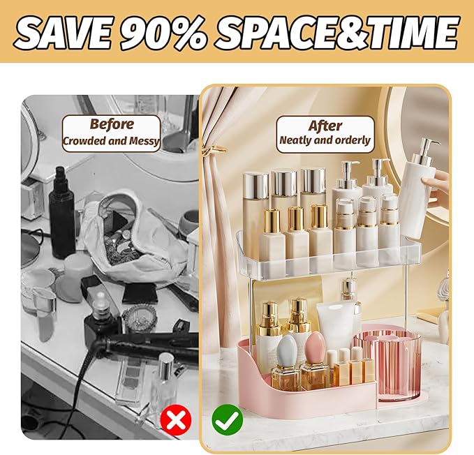 DASITON Large Capacity Makeup Organizer with 360° Rotating Makeup Brush Holder, Perfume and Skincare Storage Organizers for Vanity Bathroom Countertop, Cosmetic Display Case (Pink, 2 Tier)