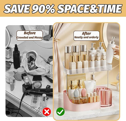 DASITON Large Capacity Makeup Organizer with 360° Rotating Makeup Brush Holder, Perfume and Skincare Storage Organizers for Vanity Bathroom Countertop, Cosmetic Display Case (Pink, 2 Tier)