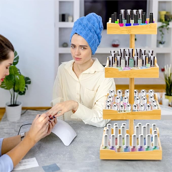 ZAVOOS Nail Polish Organizer, 4 Tier Bamboo Stand Essential Oil Display Rack for 120-212 Bottles, 360 Rotating Large Capacity Cosmetics Storage Shelf Holder for Home Spa, Business Salon