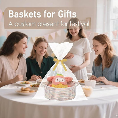 JMvicyroam Woven Basket,Small Rope Storage Bin with Handles & Ribbon Bag, Organizer for Shelves Closets,Gift Basket Empty for Birthday,Books,Dog Toys, Colorful/2 Pack