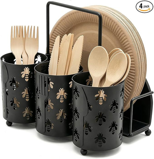 NelyBet Bee Utensil Caddy Silverware Holder Fork Spoon Napkin Paper Plate Organizer Metal Utensil Holder Cutlery Flatware Organizers for Party Kitchen Countertop Camping Picnic - Black