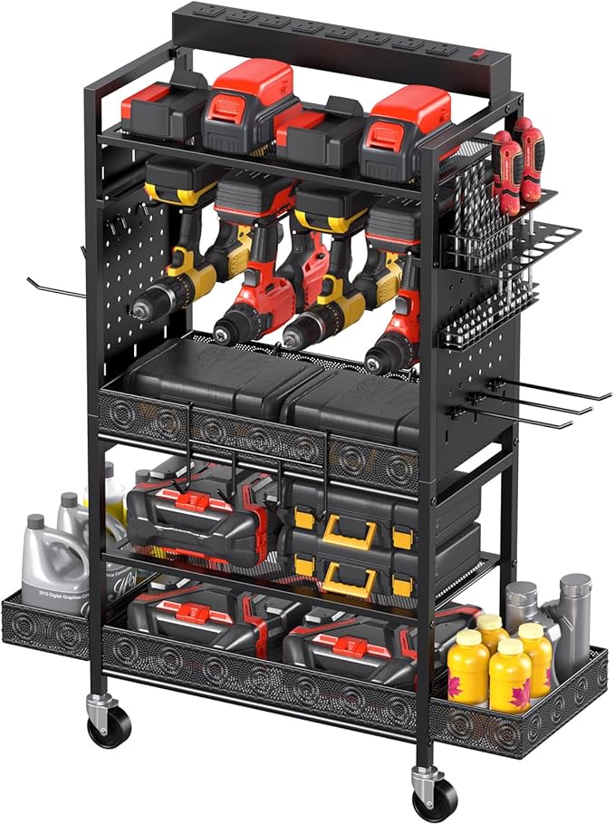 CCCEI Garage Power Tools Organizer Cart with Charging Station, Black Floor Standing Rolling Drill and Tools Battery Storage Cart on Wheels. Black Utility Rack Gift for Men, Husband, Father.
