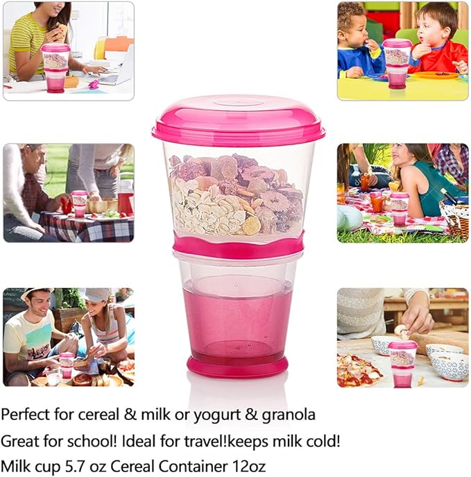 Cereal On the Go Cups Travel-To-Go-Food-Containers Storage with Spoon Breakfast Drink-Cups-Portable (Pink)