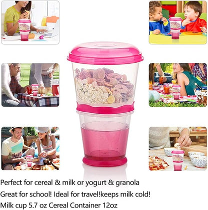 Cereal On the Go Cups Travel-To-Go-Food-Containers Storage with Spoon Breakfast Drink-Cups-Portable (Pink)