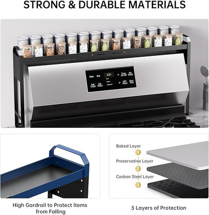 Kitchen Spice Rack Over The Stove, Shelf for Back of Stove, Stove Top Shelf for Seasoning Organizer, Over Oven Shelf, Countertop, Expandable Length 27.3''-32.6'', 4 Adjustable Height (Black, Normal)