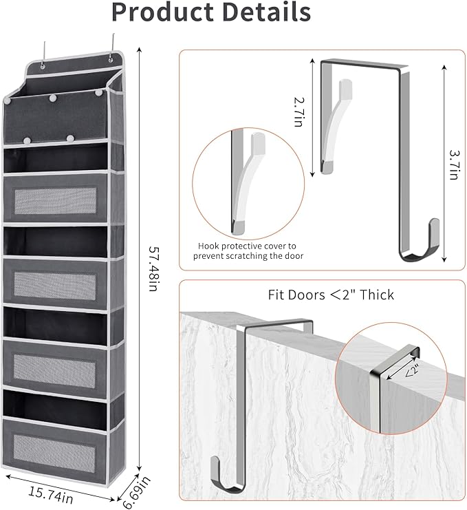 5-Tier Over the Door Storage Organizer with 5 Side Mesh Pockets, 40lbs Load Capacity with 2 Hooks, Behind Door Hanging Organizer for Closet Bathroom Bedroom Nursery - Grey